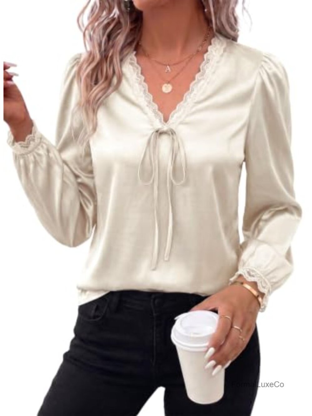 Women's V-Neck Lace Long Sleeve Blouse Dressy Casual Top